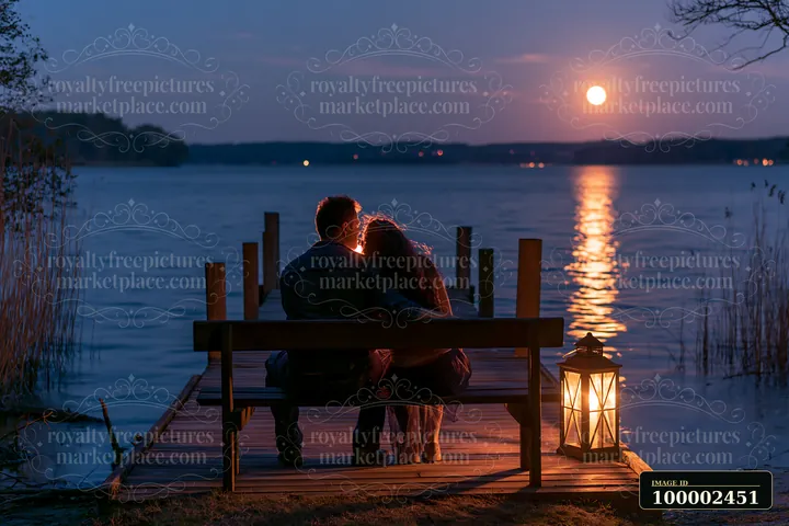 A couple enjoying a romantic night outdoors sits on a dock by the water.