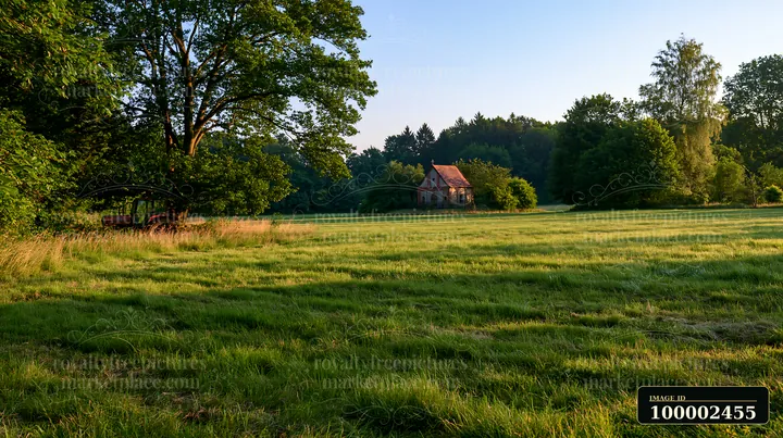 A tractor is mowing a meadow with tall grass near an old house.