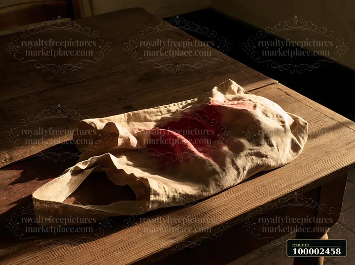 A rough textile draped over a wooden table shows distinct red pigment stains.