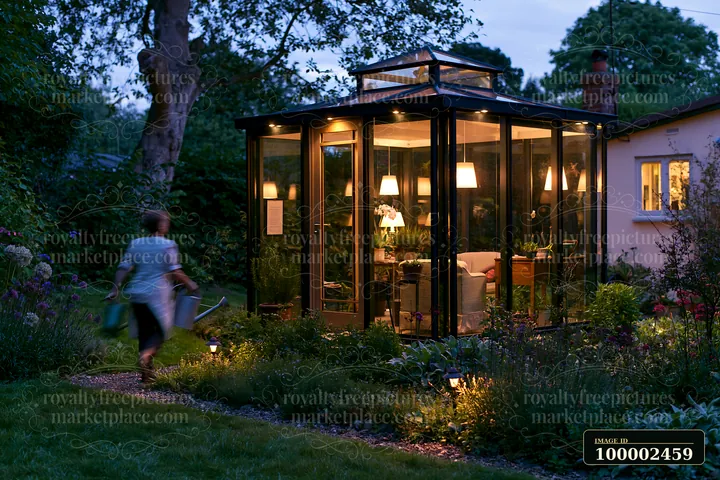 A person walks in a garden carrying a watering can near a modern glass garden pavilion with night lighting.