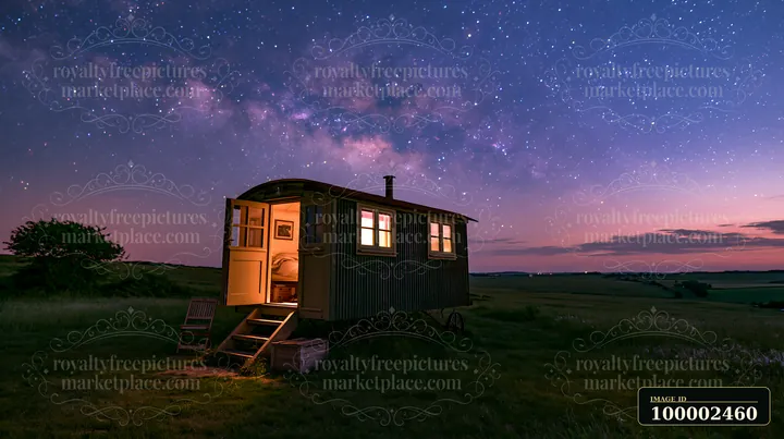 A small home beneath stars in the wilderness sits in a field with light glowing from its windows.