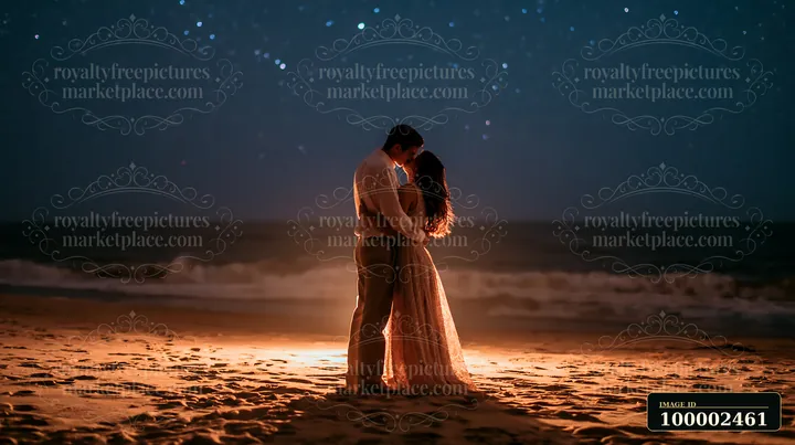 A happy couple kissing beneath stars in nature stands on the sand at night.