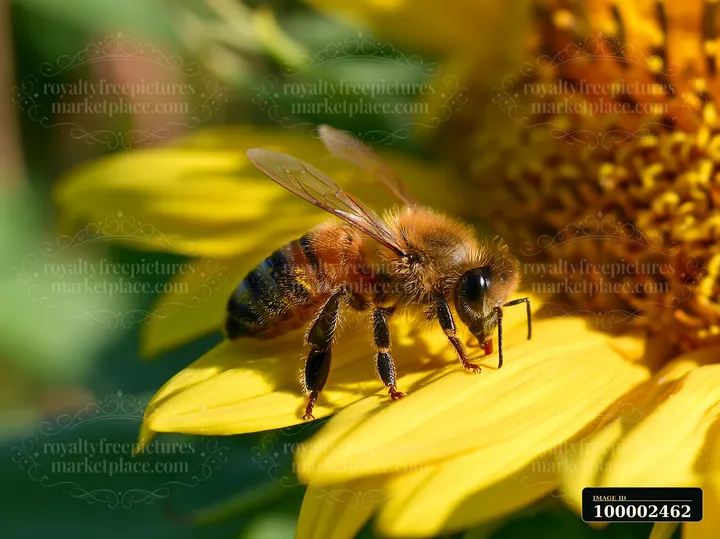 A honey bee crawling on a yellow petal of a sunflower shows the bee collecting nectar.