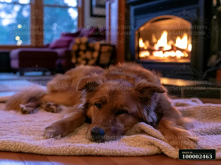 A rare dog breed relaxing by fireplace on a soft rug in a cozy living room.