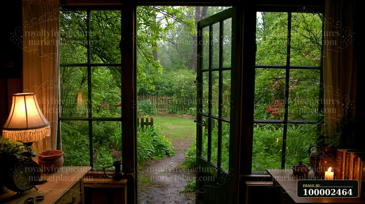 The scene shows a view from a timber cottage as rain falls outside.