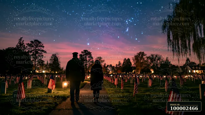 Two people walk through a cemetery decorated with flags, lit by gentle lights.