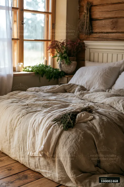 A rustic bedroom features linen bedding and a wooden interior.