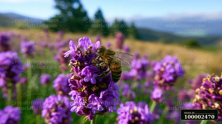 A honey bee closeup on purple lavender shows the bee collecting nectar in a sunny field.