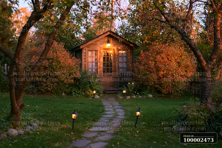 A garden house stands empty, illuminated by pathway lights along a stone path.