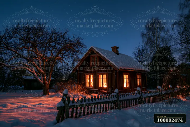 A wooden house stands in a snowy landscape at night, with warm lights glowing from the windows.