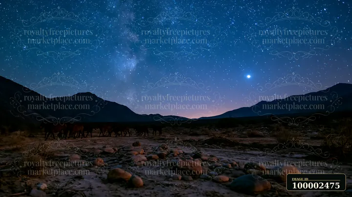 Wild horses move across a rocky landscape beneath bright stars.