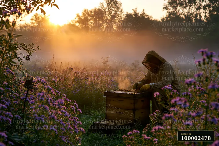 Sunbeams over a misty meadow highlight a beekeeper tending to hives surrounded by wildflowers during early morning hours.