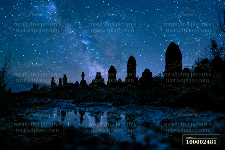 Headstones silhouetted against a starry sky create a dark outline in a graveyard setting.