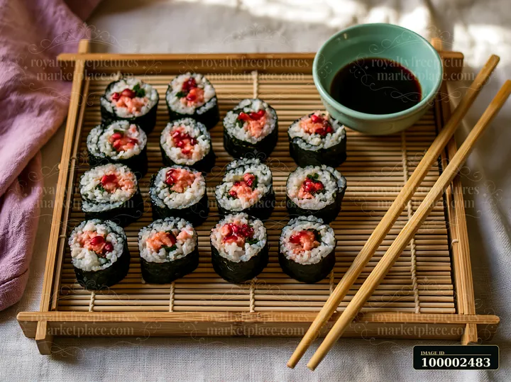 Sushi rolls served on bamboo tray are arranged neatly with a small green bowl of soy sauce and chopsticks placed beside them.
