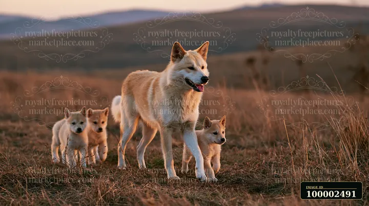 A rare dog breed mother walks through a grassy field with her playful puppies.