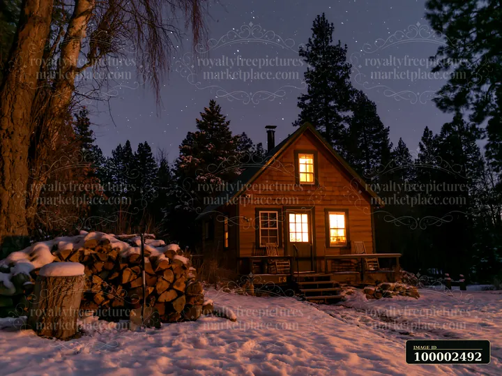 A wooden home is set against a winter night sky filled with stars.