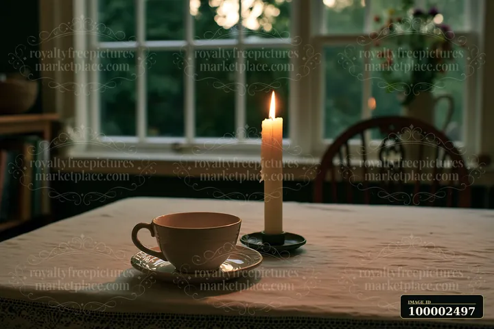 A candle with copy space on right stands on a table next to a cup.