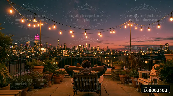 A person sits on a rooftop with a beautiful view of a city skyline under a starry night.