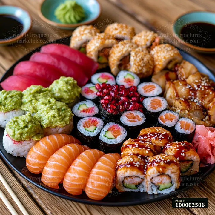 A large platter features assorted sushi including salmon, tuna, and various rolls.