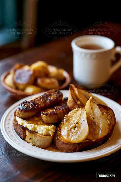 This breakfast plate with sausage features toasted bread topped with cheese, grilled pears, and a side of roasted potatoes, complemented by a cup of tea.