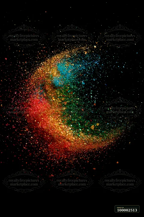 A burst of colors fills the dark background showcasing a colorful salt and glitter abstract pattern.