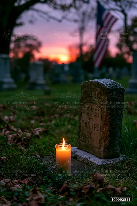 The American flag above a row of veterans graves stands tall during sunset.
