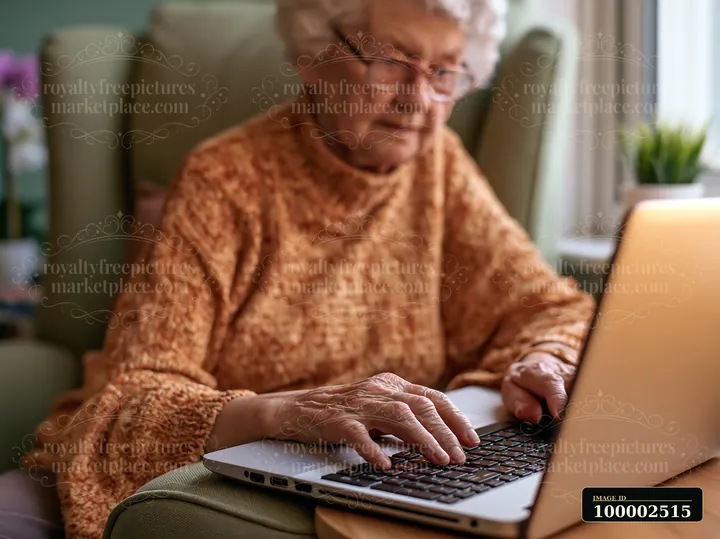 A senior woman types with shaky hands on a laptop while sitting in a cozy chair.