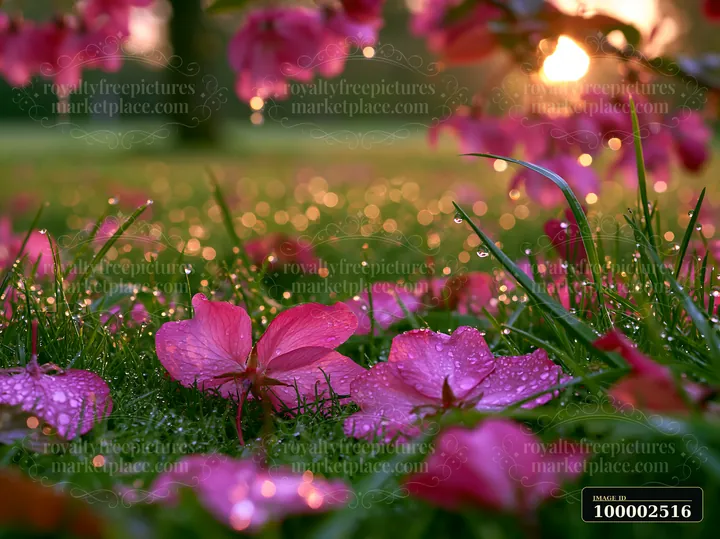 Spring trees with fallen petals on grass create a colorful scene.