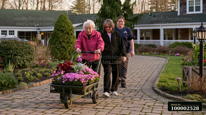 An elderly woman with Alzheimer's gardening with support walks along a path with a cart of flowers.