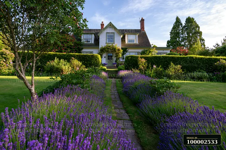 A country house is surrounded by tall hedges and blooming lavender flowers.