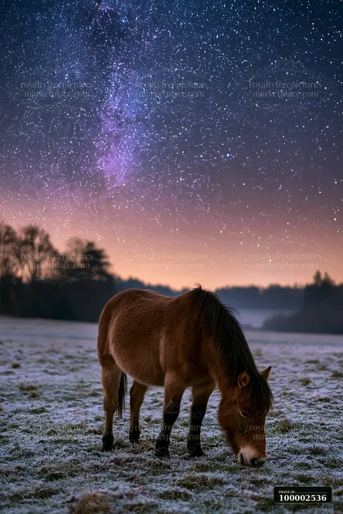 A horse grazes in a frosty field as stars fill the evening sky with vibrant colors.