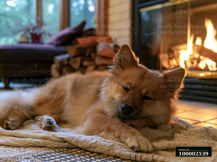 A rare dog breed relaxing by fireplace enjoys warmth in a cozy living room.