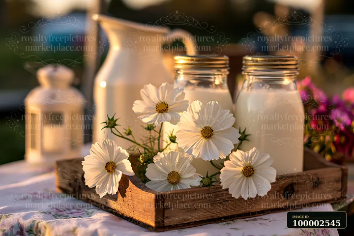 Milk bottles and flowers are arranged together on a wooden tray at an outdoor market.