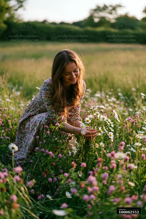 A person knelt in a vibrant meadow, hand gathering wild meadow flowers during golden hour.