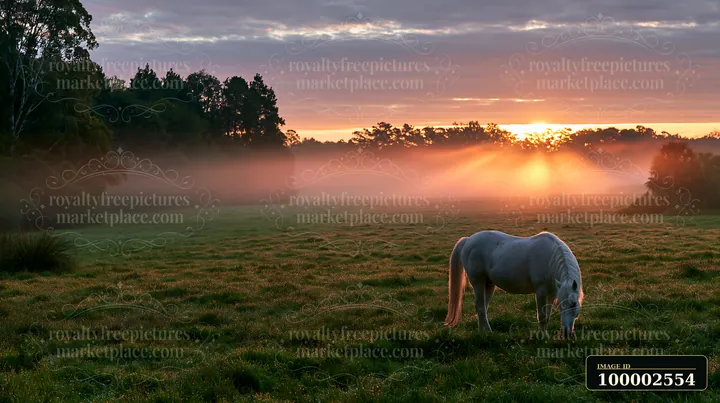 Sunbeams over a misty meadow highlight a white horse grazing in an open field at sunrise.