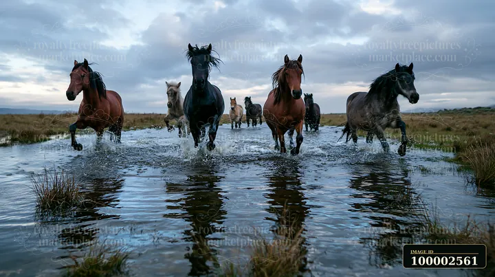 Wild horses run through rain in a wet field with puddles.