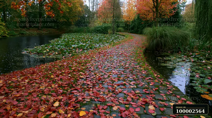 A stone pathway lined with fallen leaves leads through a water lily pond in autumn.