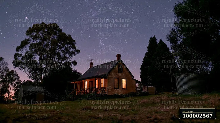 A country home sits quietly under a clear night sky filled with stars.