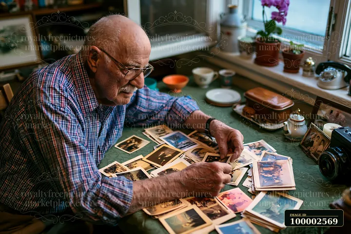 A senior man with Parkinson's tremor at home sorts through a collection of old photographs on a table.