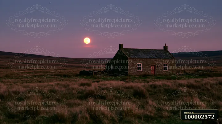 A house stands alone on a grassy plain under a full moon and stars in the night sky.