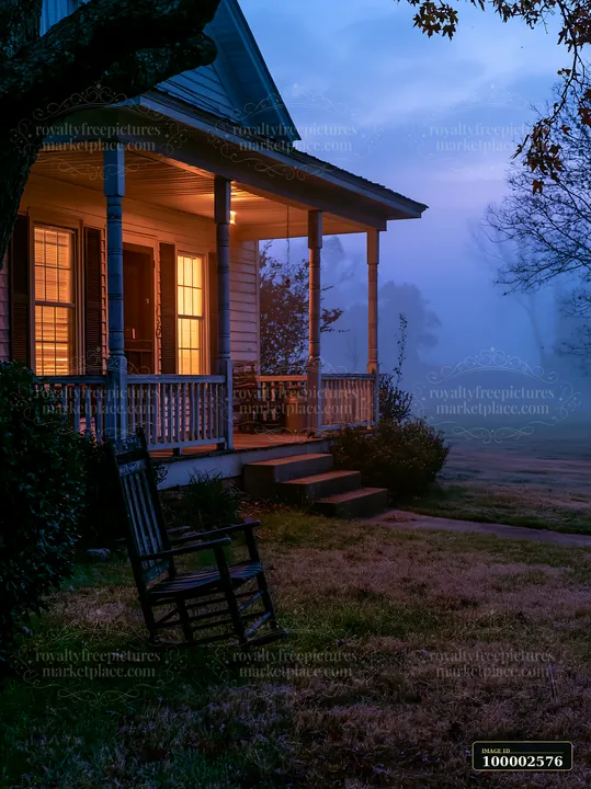 A rural farmhouse stands with its porch illuminated in the morning fog.