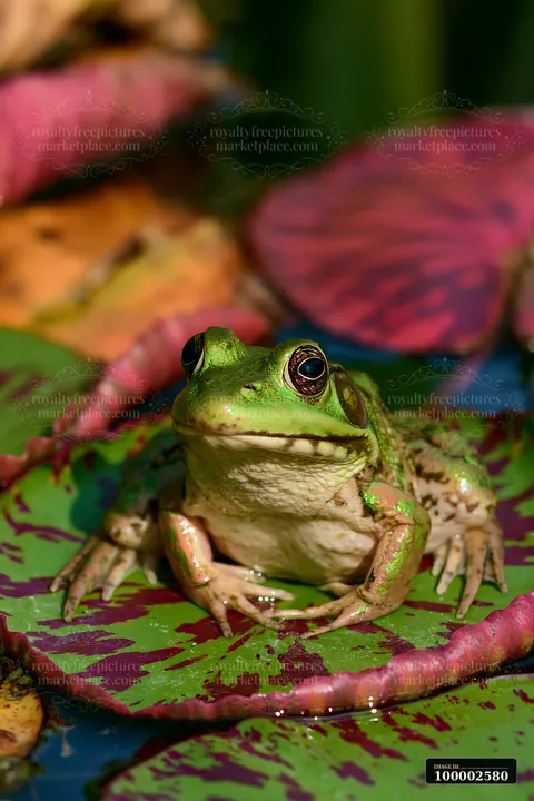 A green frog sits on a water lily leaf, surrounded by colorful autumn foliage.