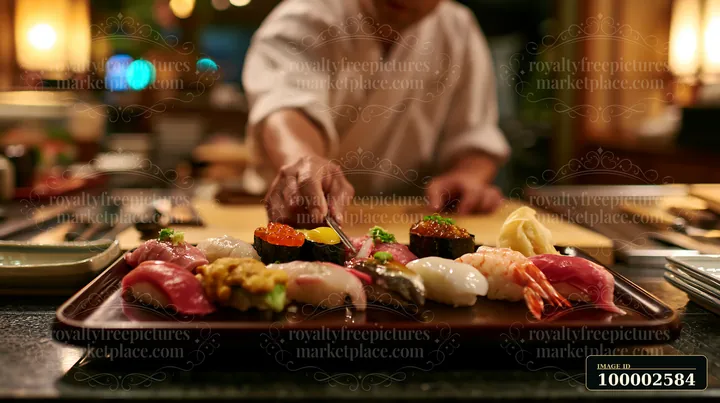 A chef presents a premium sushi selection on a wooden platter in a restaurant setting.