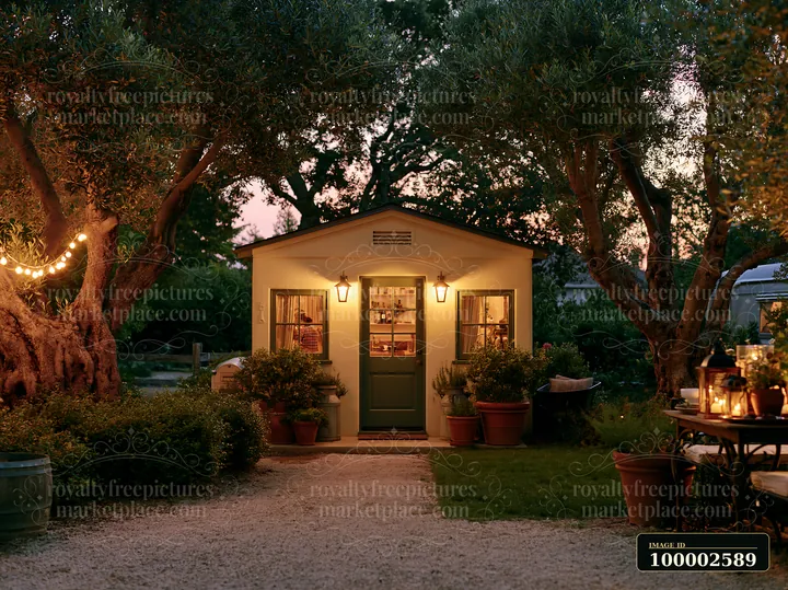 The garden studio features a welcoming illuminated entrance, surrounded by trees and potted plants.