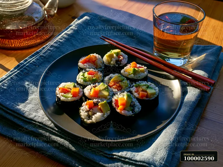 Sushi served with tea is arranged neatly on a black plate, complemented by a glass of tea.