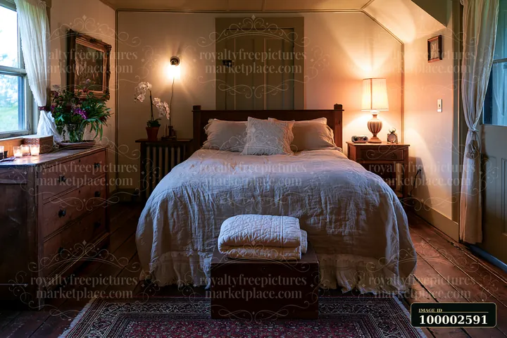 This rustic bedroom features linen bedding on a cozy bed, wooden furniture, a warm lamp, and natural light coming through the window.