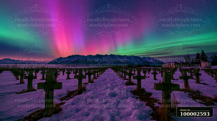 A military cemetery is covered in snow and illuminated by vibrant northern lights in the night sky.