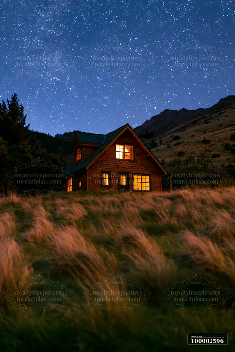 A cozy wooden home stands alone in a grassy field, illuminated by warm light from the windows.