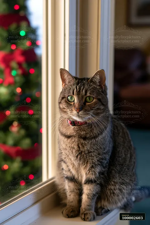 A cat sits by the window in a living room filled with Christmas decorations.