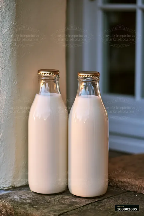 Two glass milk bottles sit on a stone doorstep beside a window, filled with fresh milk.